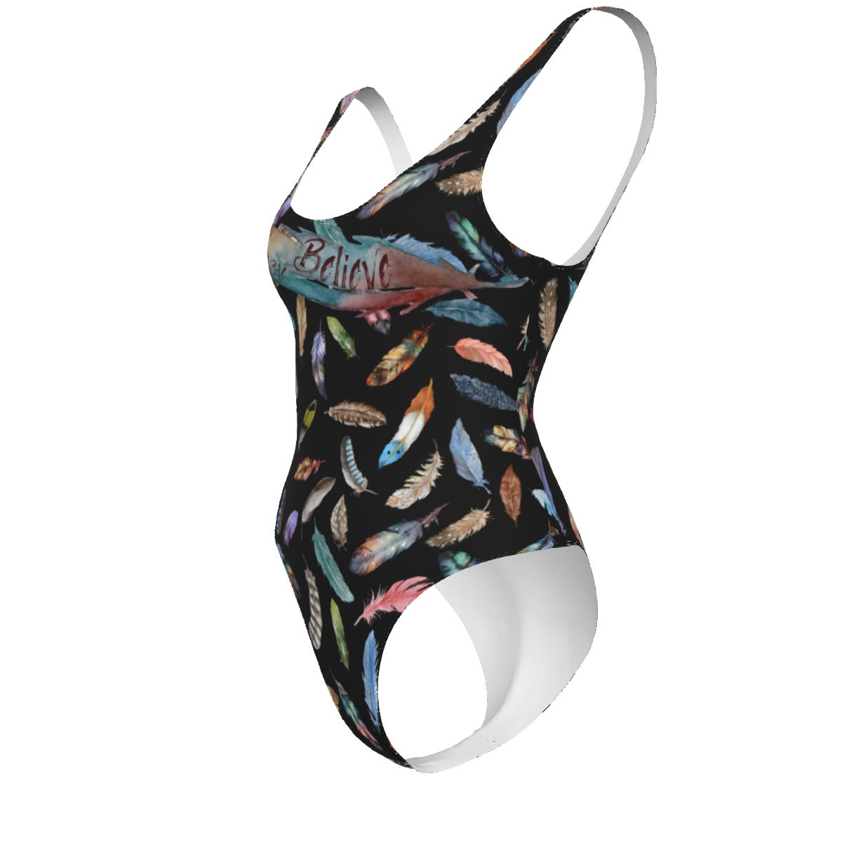 BELIEVE John 3:16 Feather Print One Piece Swimsuit