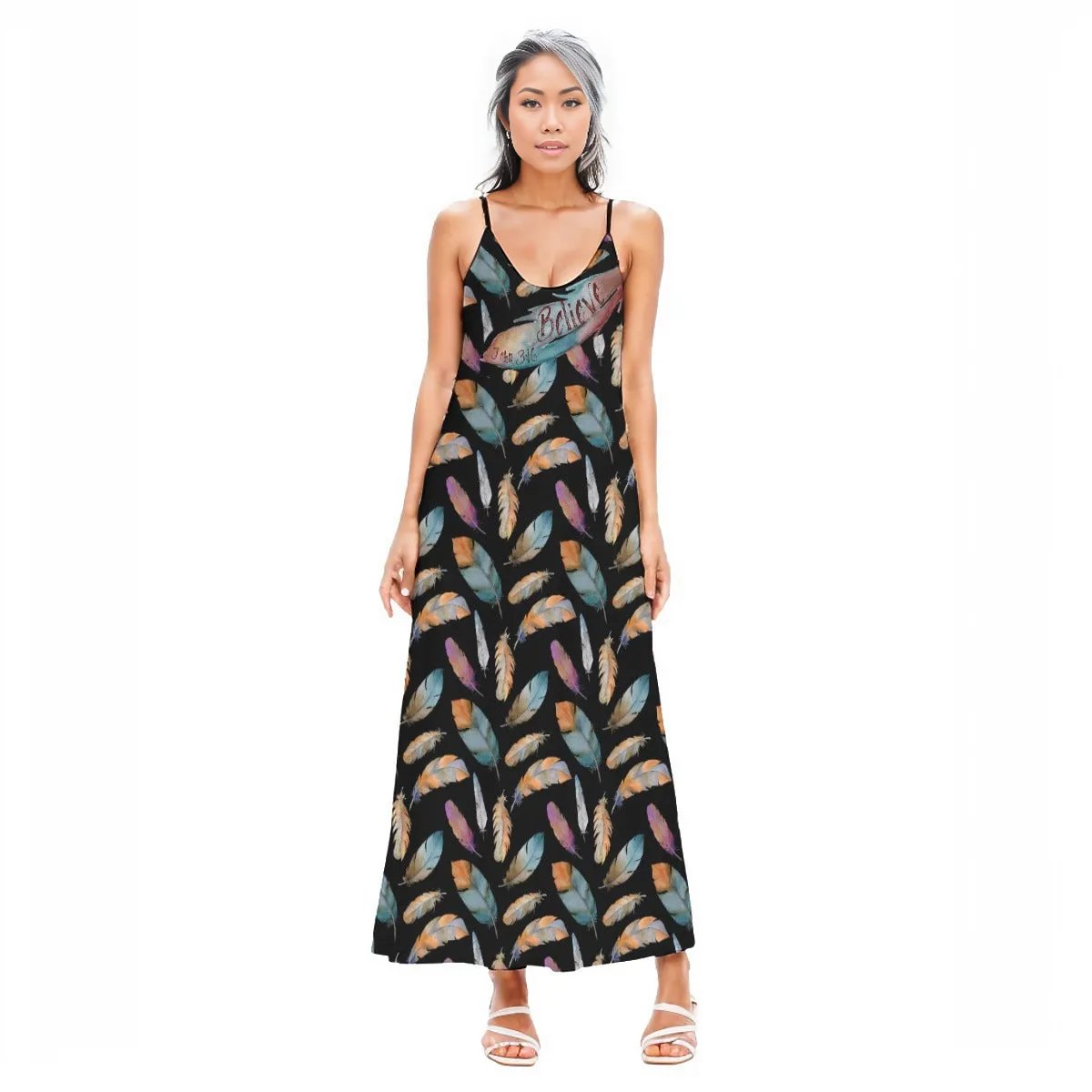 BELIEVE John 3:16 Feather Print Sling Dress - WearYnobe