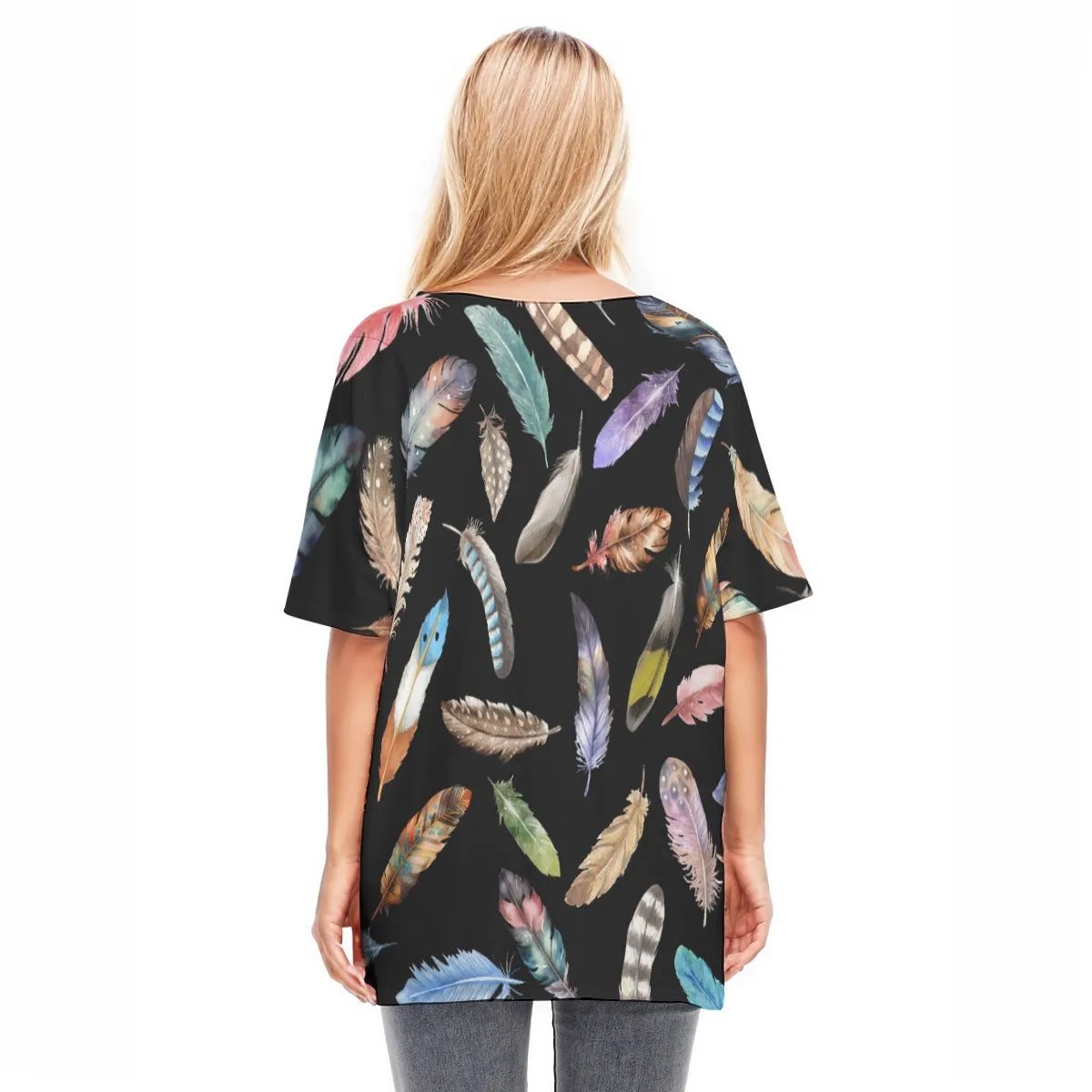 BELIEVE Black Feather Print Draped Sleeve Cotton Blouse - WearYnobe