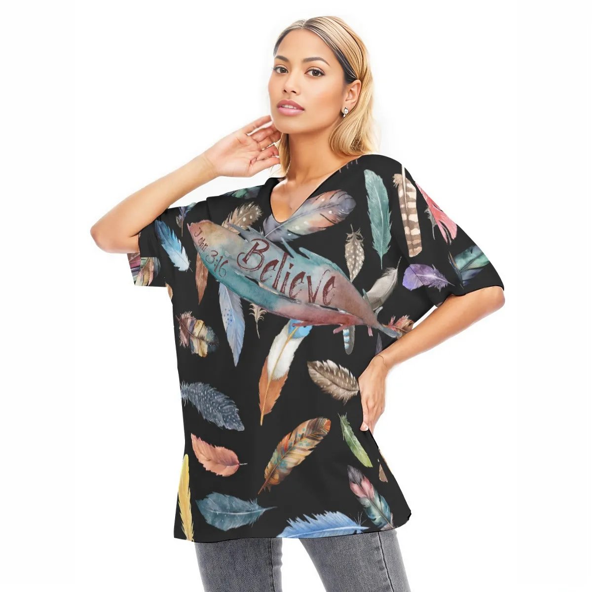BELIEVE Black Feather Print Draped Sleeve Cotton Blouse - WearYnobe