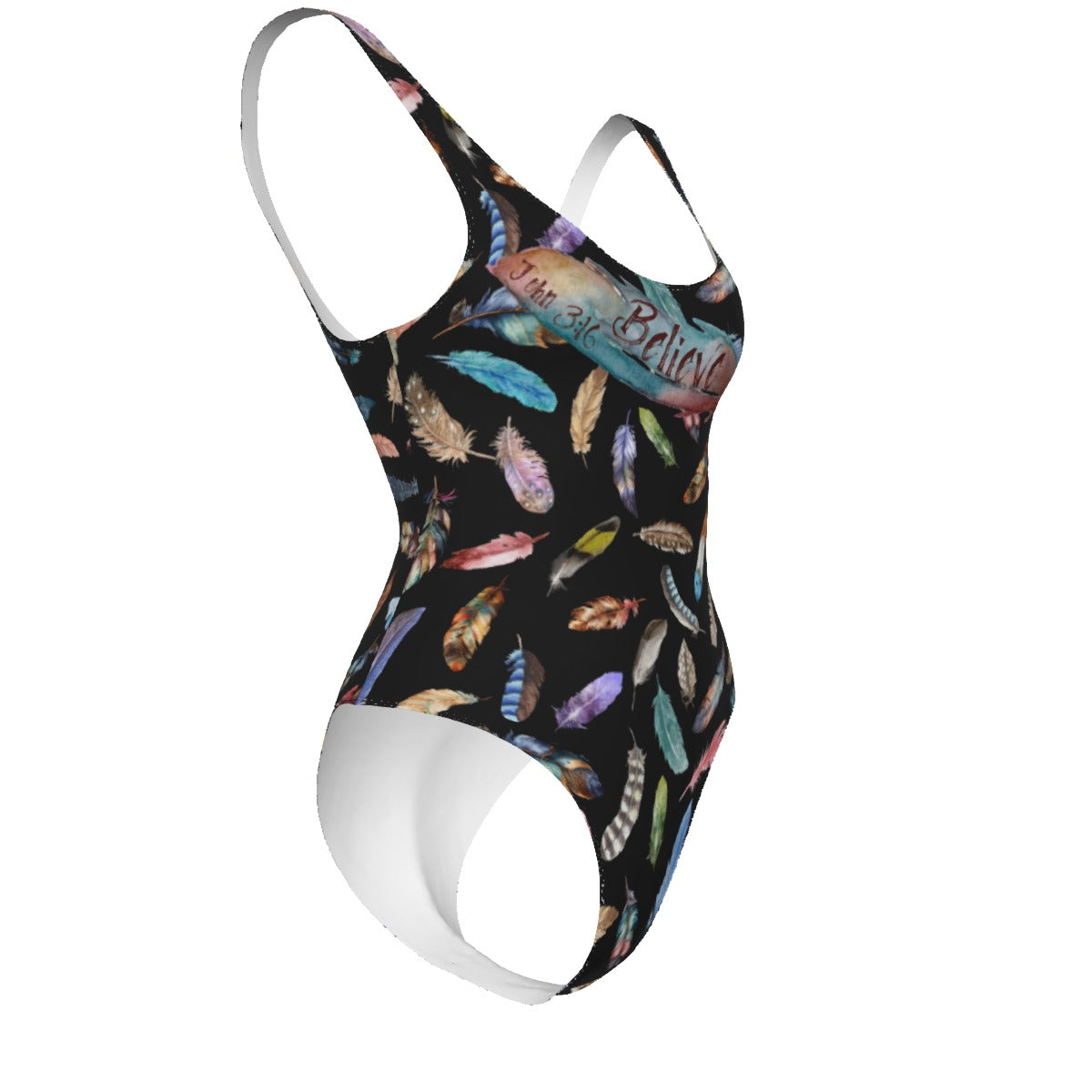 BELIEVE John 3:16 Feather Print One Piece Swimsuit