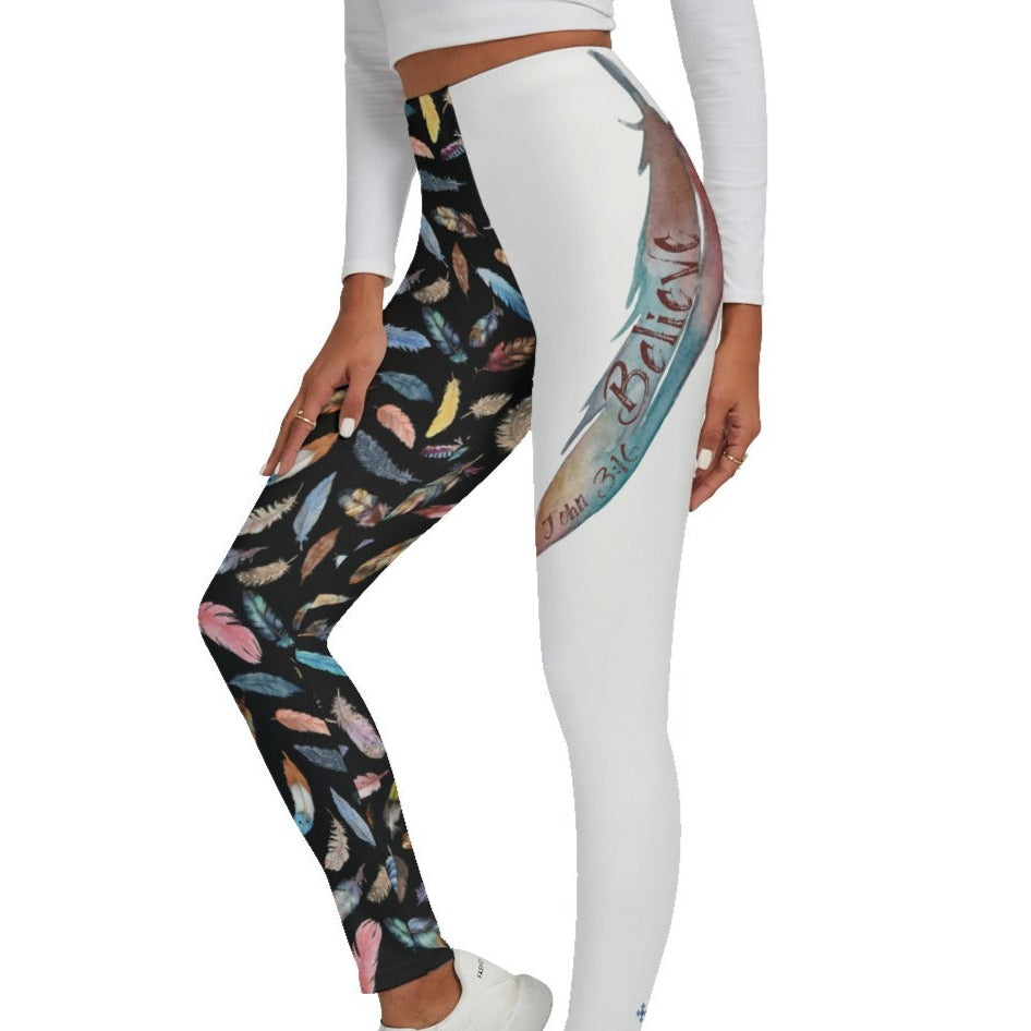 BELIEVE John 3:16 Feather Print Skinny Fleece Leggings - WearYnobe
