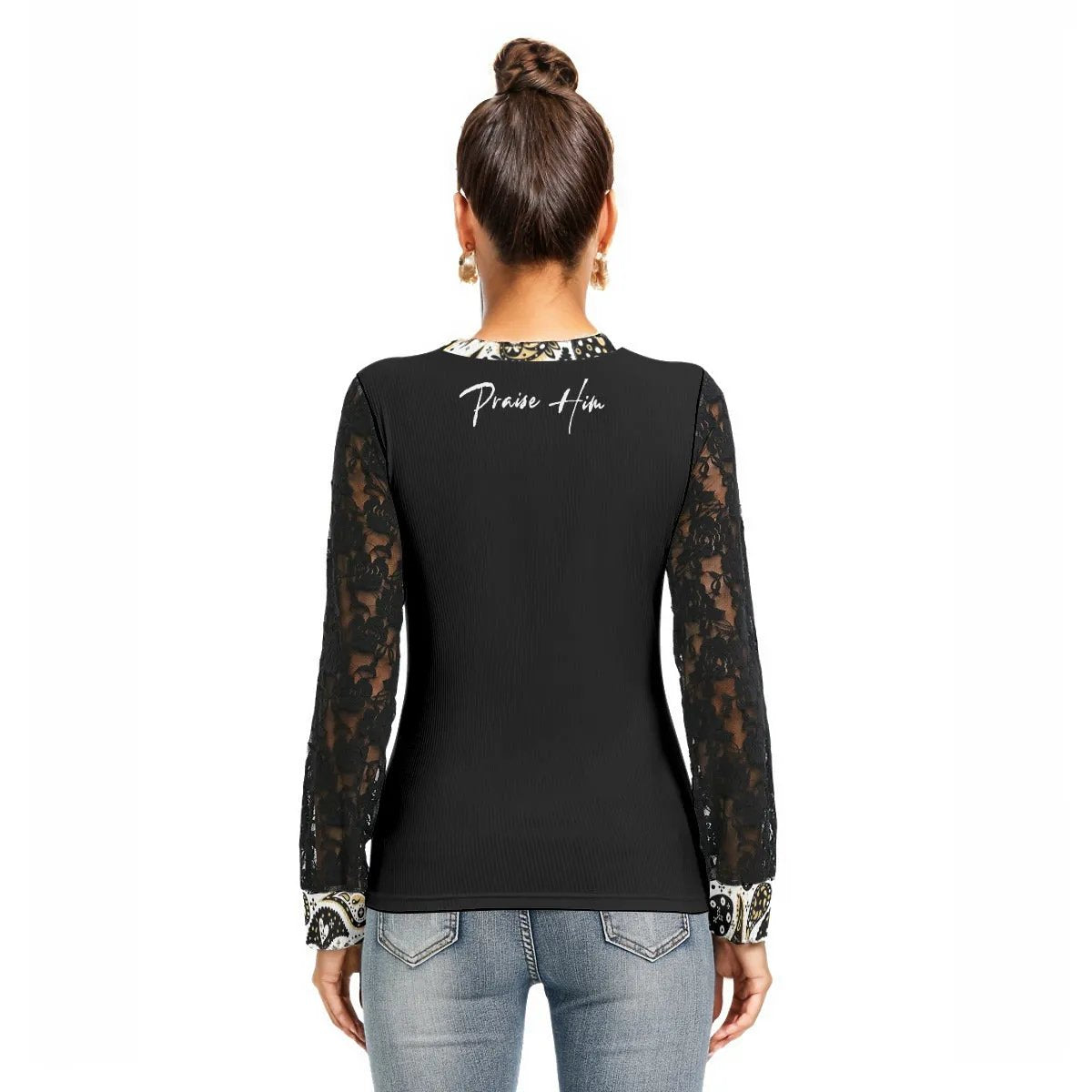 ONE GOD Praise Him Black Lace Sleeve Paisley Collar Shirt - WearYnobe