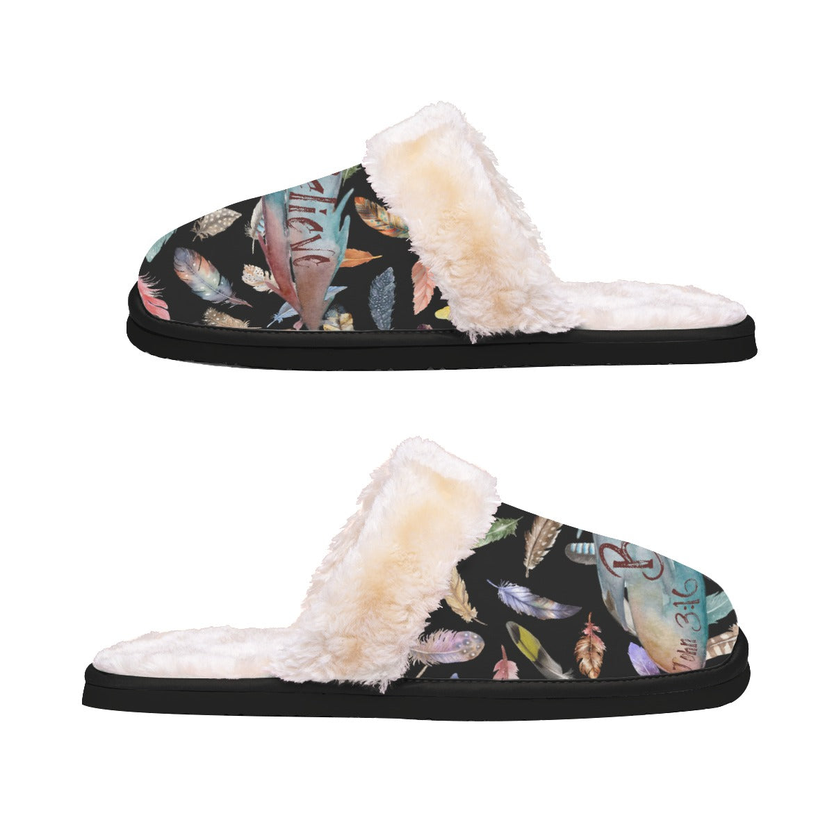 BELIEVE Feather Print Plush Slippers - WearYnobe