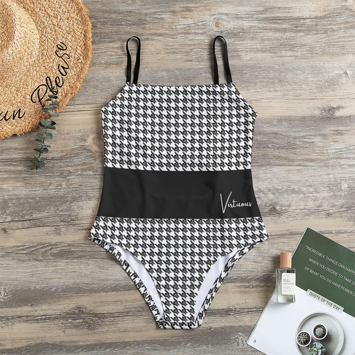 VIRTUOUS Houndstooth Halter Strap Swimsuit - WearYnobe