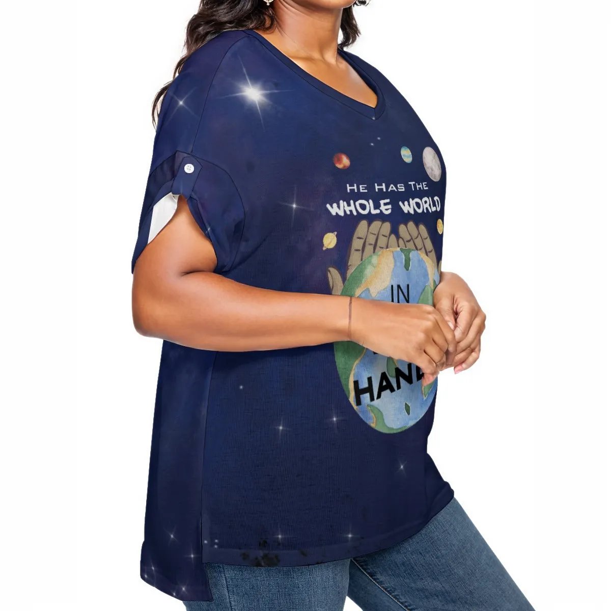 HE HAS THE WHOLE WORLD IN HIS HANDS Drop Should Short Sleeve Plus Size Shirt - WearYnobe