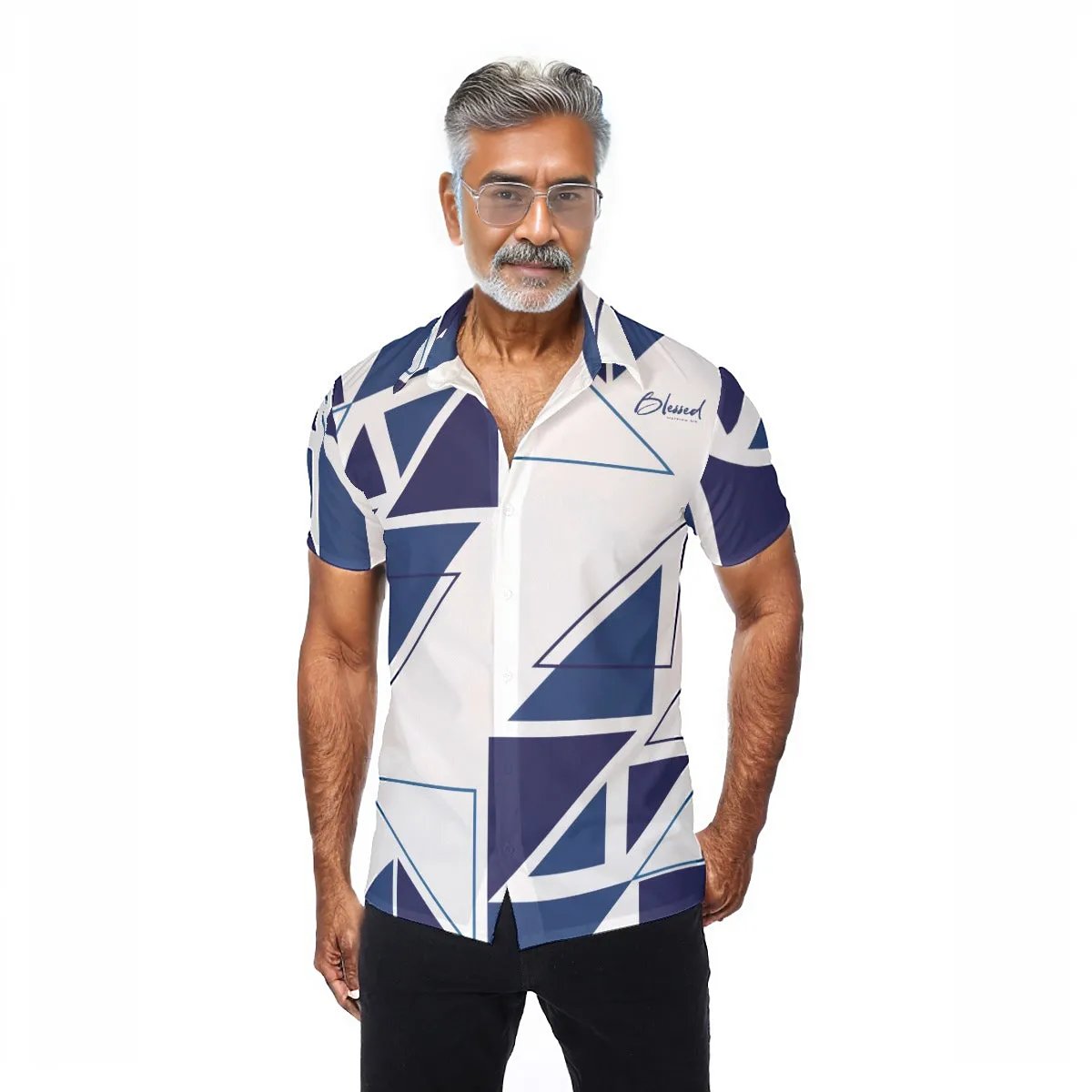 BLESSED Matthew 5:6 Blue Abstract Print Short Sleeve Button Shirt - WearYnobe