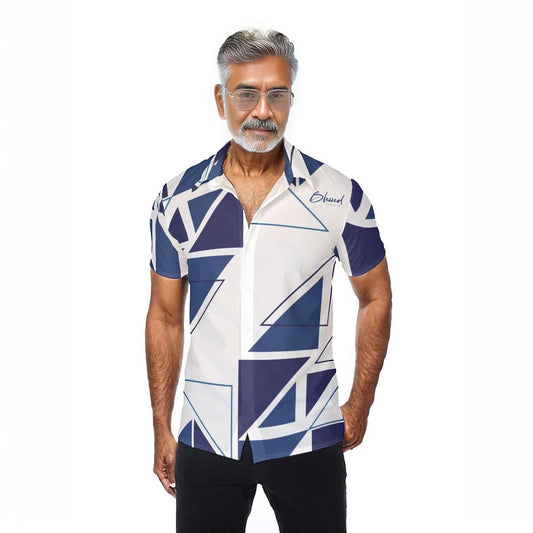 BLESSED Matthew 5:6 Blue Abstract Print Short Sleeve Button Shirt - WearYnobe