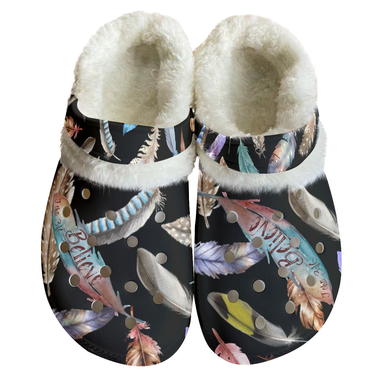Women's BELIEVE Black Feather Fleece Clogs - WearYnobe