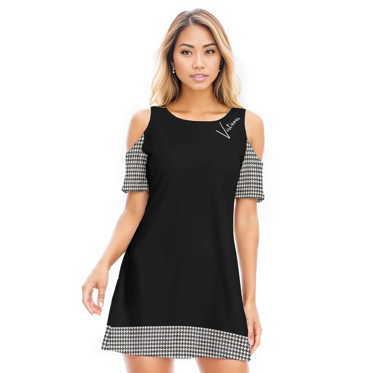 VIRTUOUS Houndstooth Print Open Shoulder Long Shirt / Dress - WearYnobe