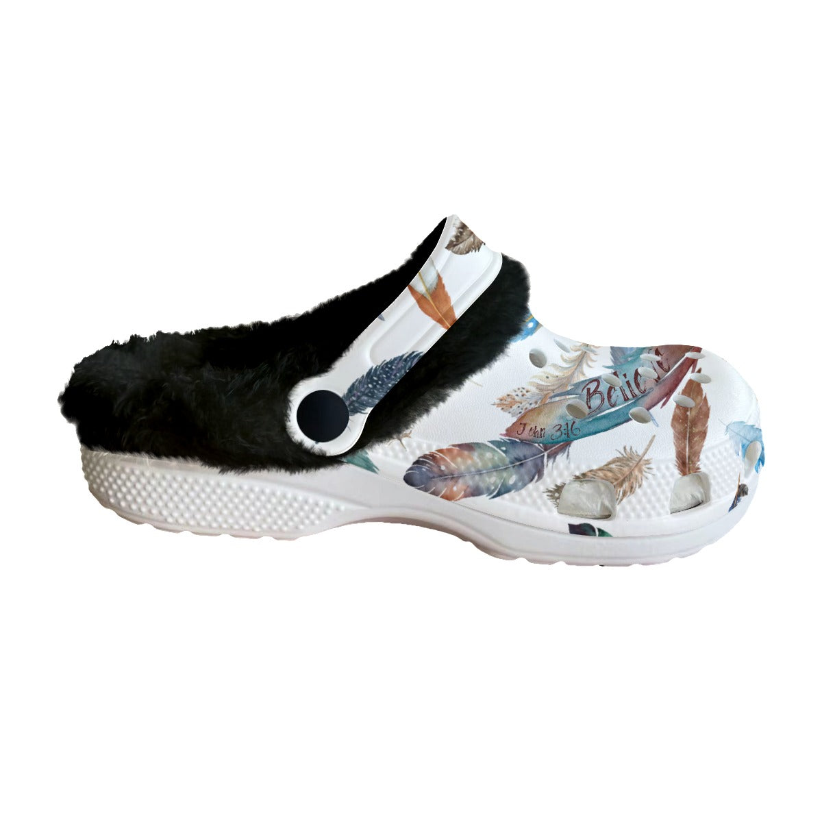 Women's BELIEVE White Feather Print Fleece Clogs - WearYnobe