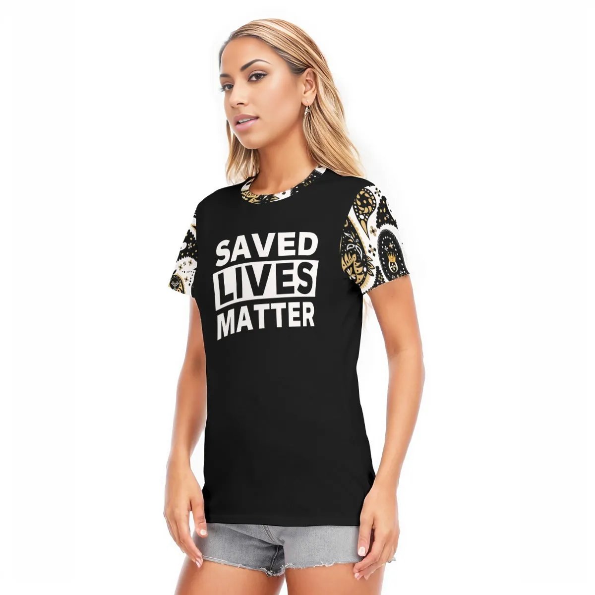 SAVED LIVES MATTER Paisley Sleeve Round Neck Cotton T Shirt - WearYnobe