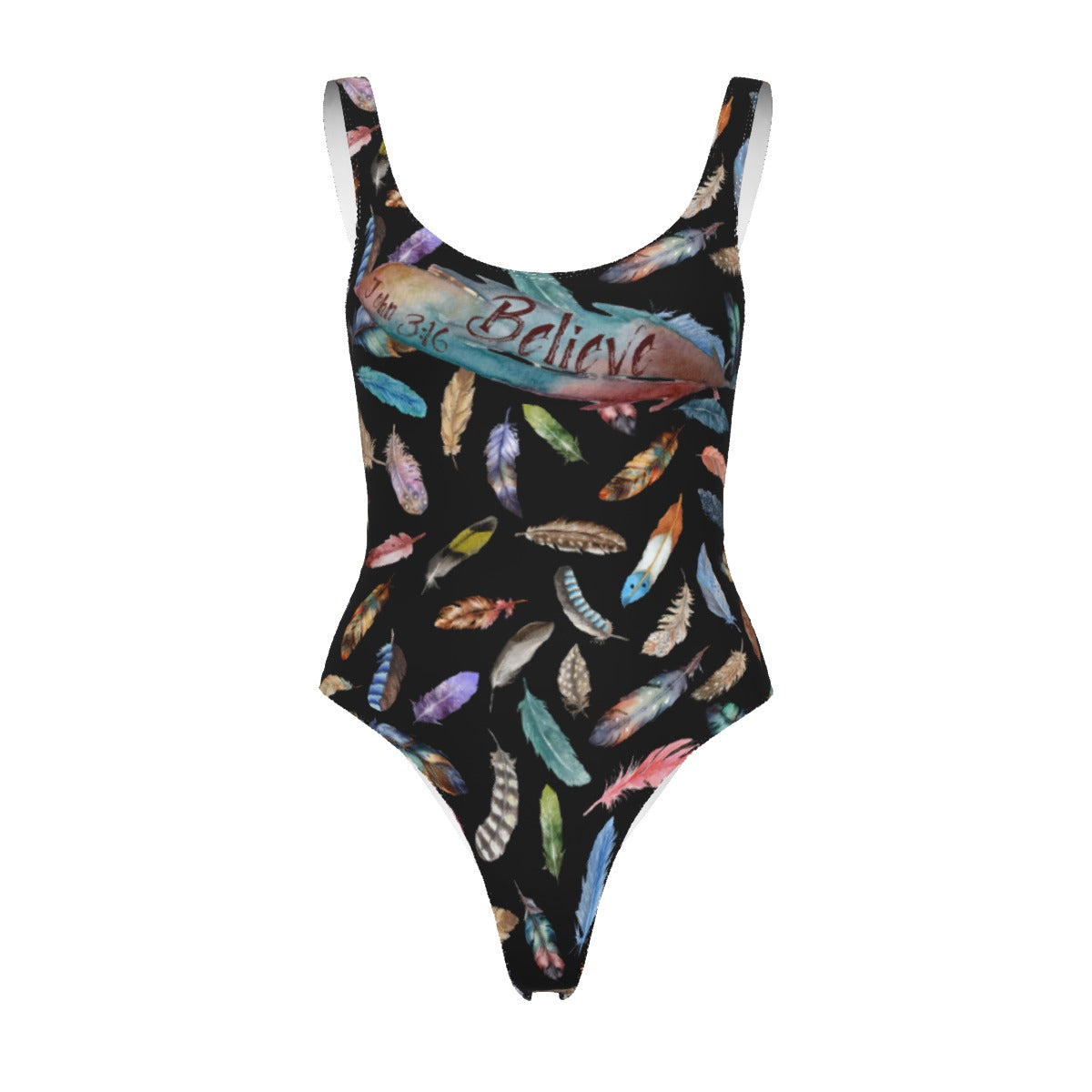 BELIEVE John 3:16 Feather Print One Piece Swimsuit