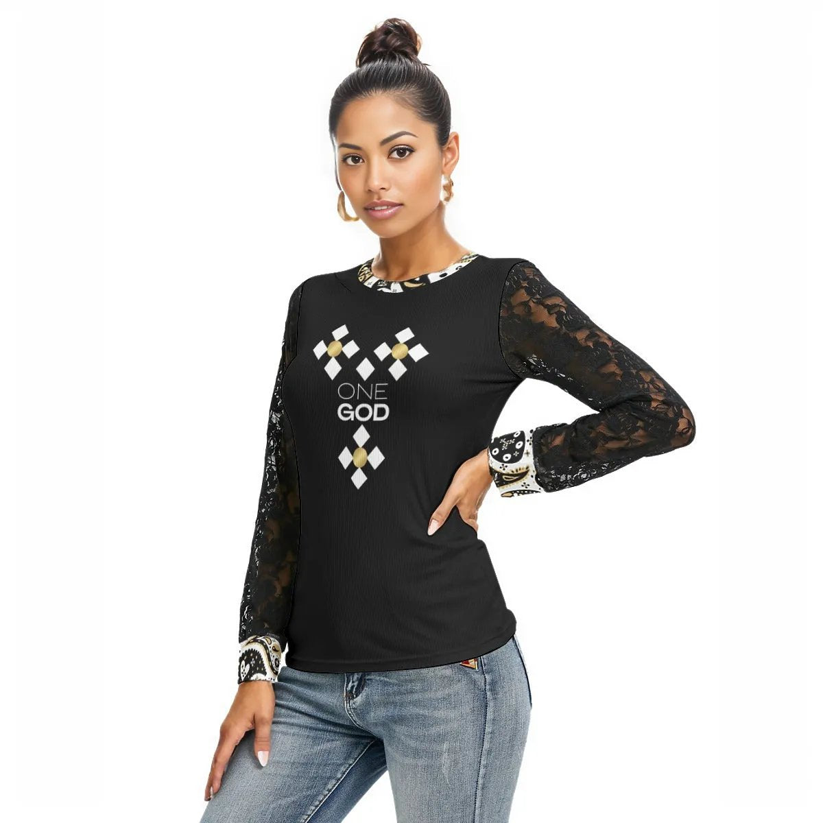 ONE GOD Praise Him Black Lace Sleeve Paisley Collar Shirt - WearYnobe