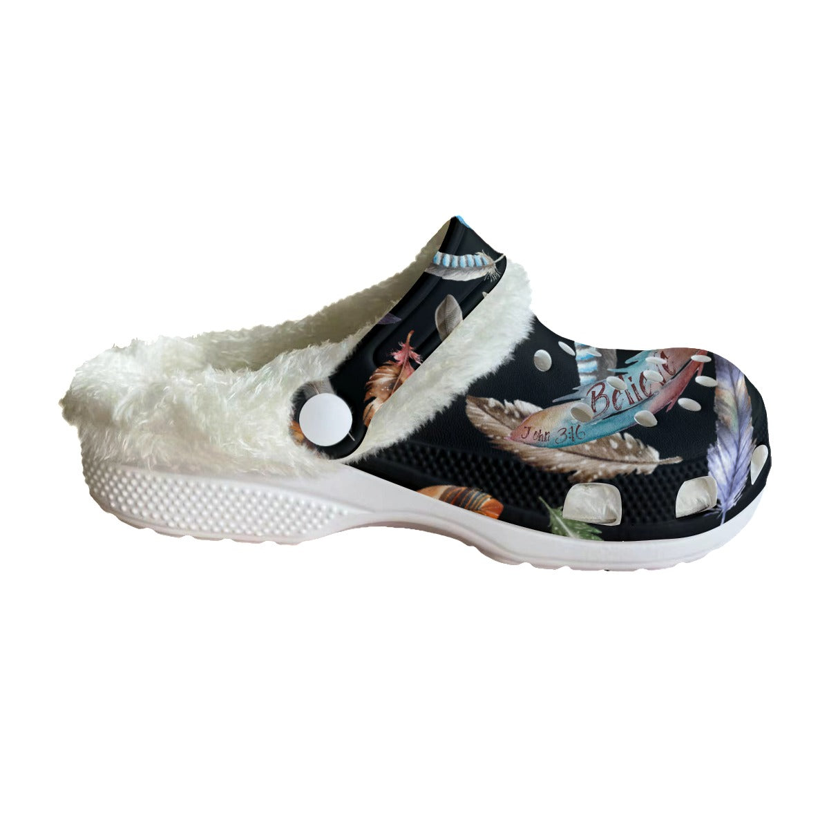 Women's BELIEVE Black Feather Fleece Clogs - WearYnobe