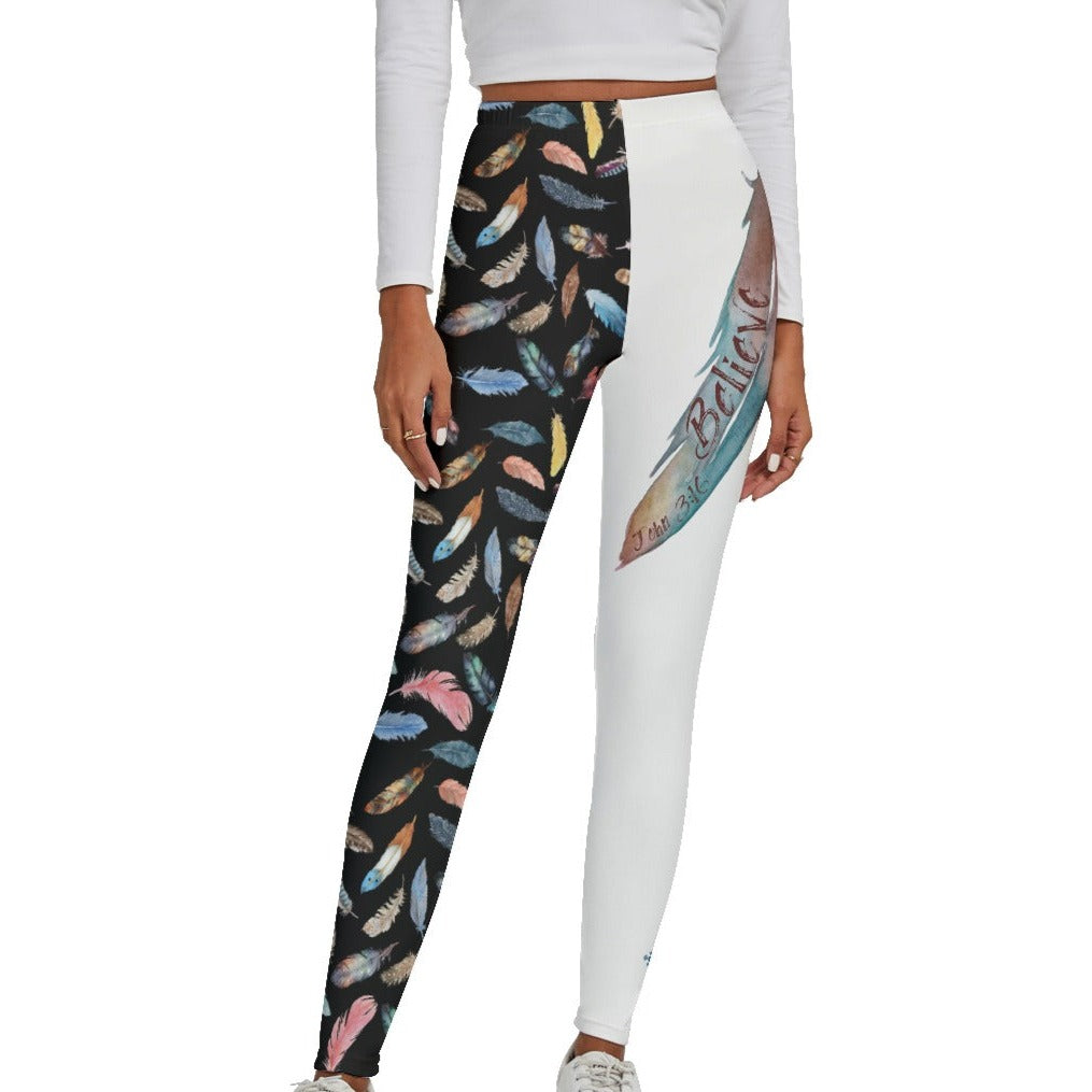 BELIEVE John 3:16 Feather Print Skinny Fleece Leggings - WearYnobe
