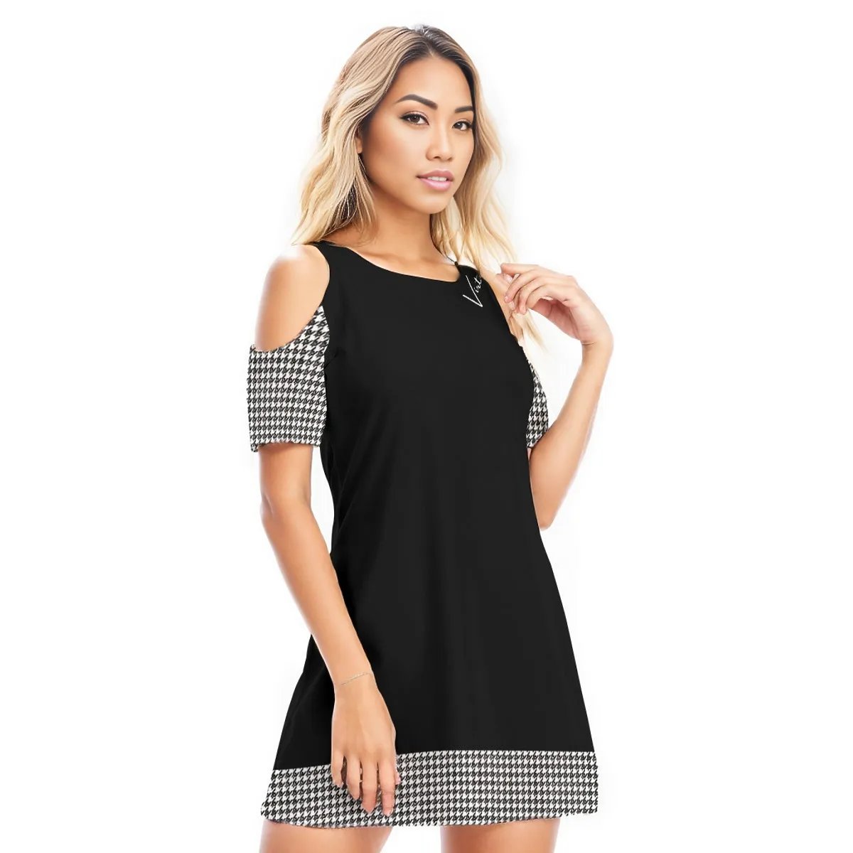 VIRTUOUS Houndstooth Print Open Shoulder Long Shirt / Dress - WearYnobe
