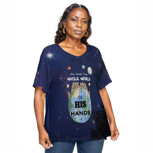 HE HAS THE WHOLE WORLD IN HIS HANDS Drop Should Short Sleeve Plus Size Shirt - WearYnobe