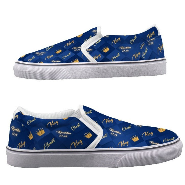 Kid's KING CHRIST Revelation 17:14 Crown Pattern Blue / Gold Slip On Sneakers